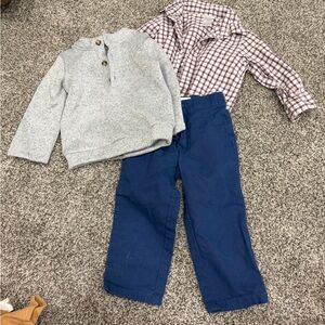 Carter's Boys Navy Pants, Gray Henley Sweater & Burgundy Plaid Shirt Set